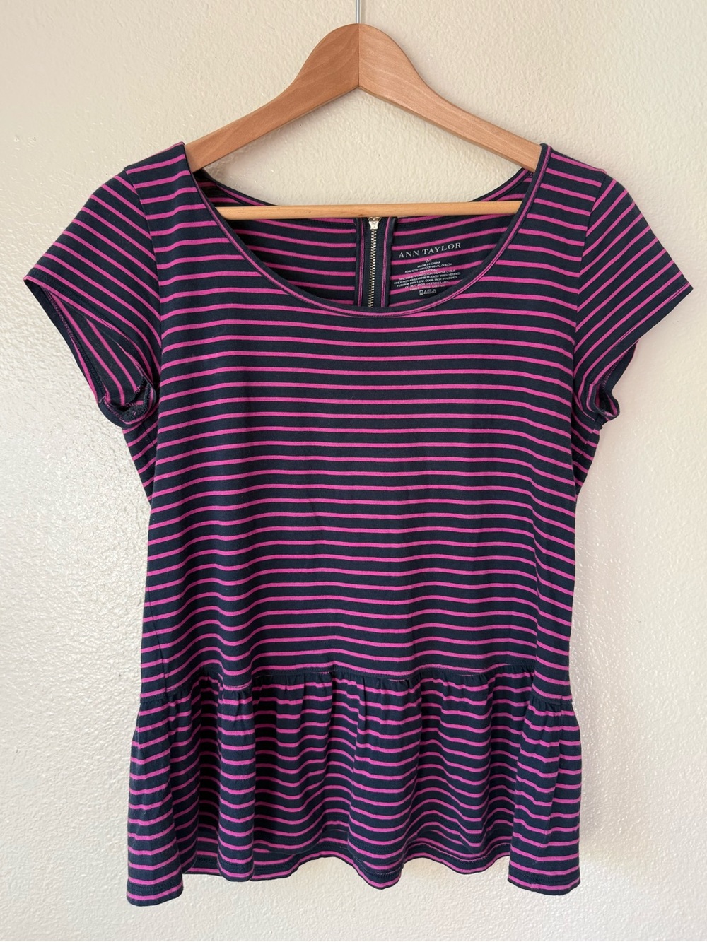 Ann Taylor Navy & Pink Striped Peplum Tee